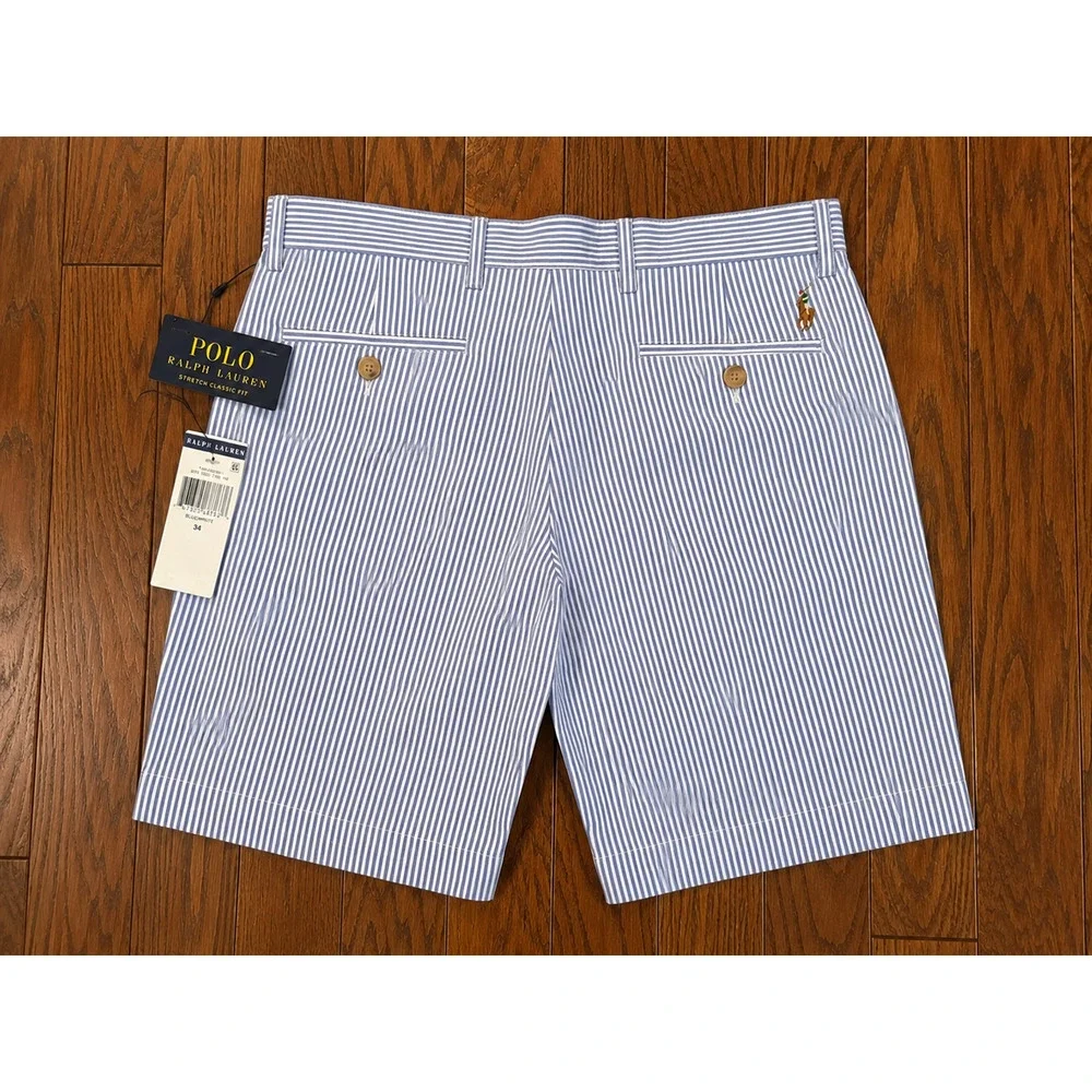 Polo Ralph Lauren Blue White Seersucker Stretch Classic Fit Shorts Sz. 34 NWT